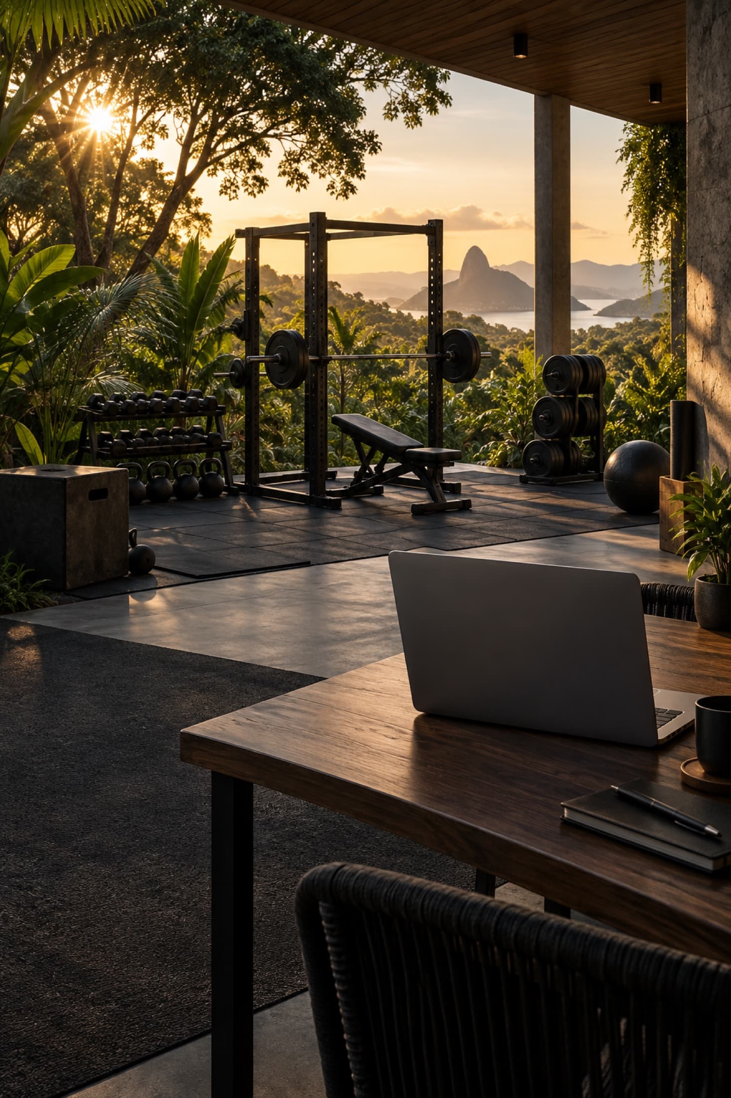 Sala de musculação ao ar livre com notebook aberto sobre uma mesa
